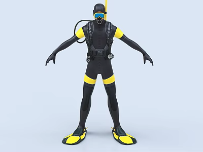 Man Wearing Black And Yellow Diving Suit With Scuba Gear And Fins 3d model