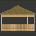 Wooden Outdoor Pavilion With Thatched Roof Lattice Panels And Slender Support Columns