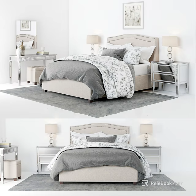 Modern Double Bed With Gray Floral Bedding And Silver Bedside Tables With Lamps 3d model 