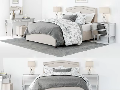 Modern Double Bed With Gray Floral Bedding And Silver Bedside Tables With Lamps 3d model