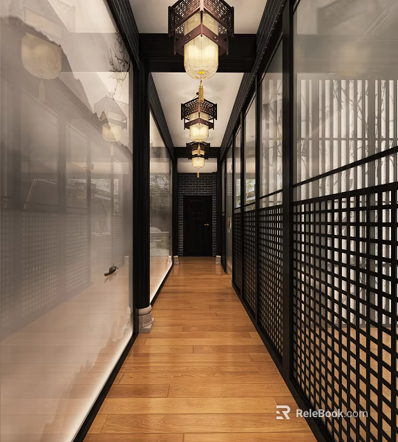 Modern Chinese Hotel Corridor Interior With Wooden Floor And Black Lattice Screens 3d model 