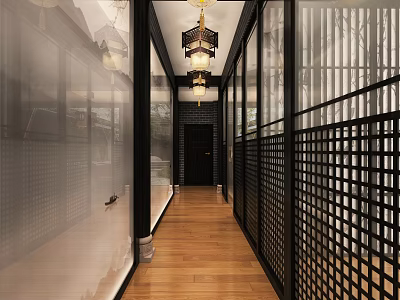 Modern Chinese Hotel Corridor Interior With Wooden Floor And Black Lattice Screens 3d model