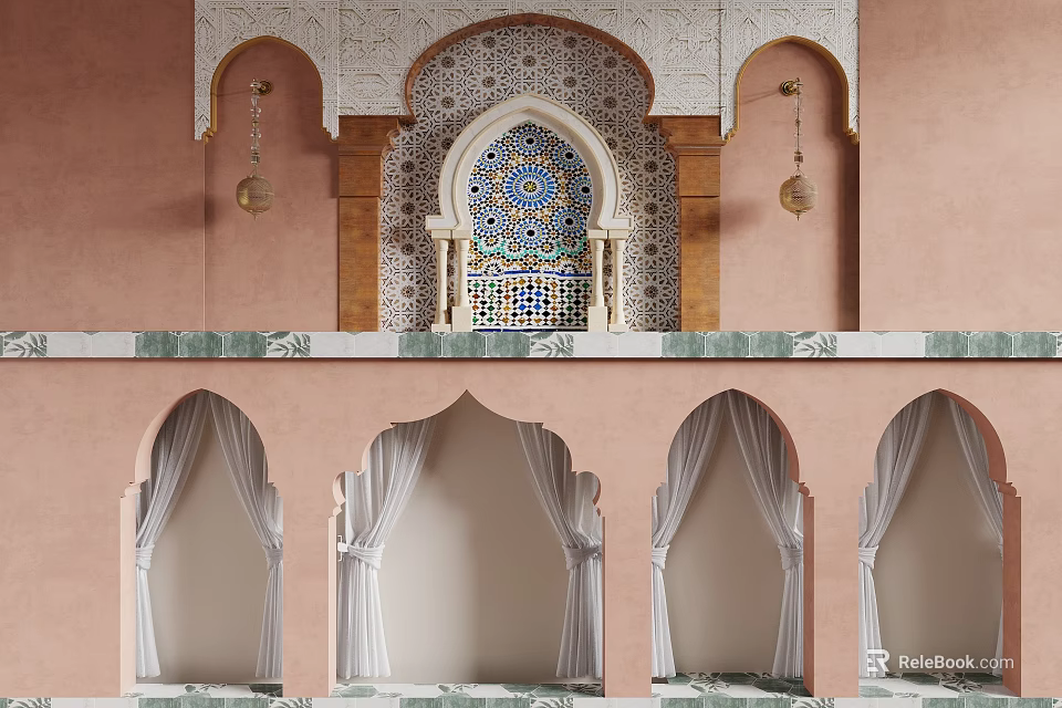 Arched Doorways In Warm Toned Interior With Curtains 3d model 