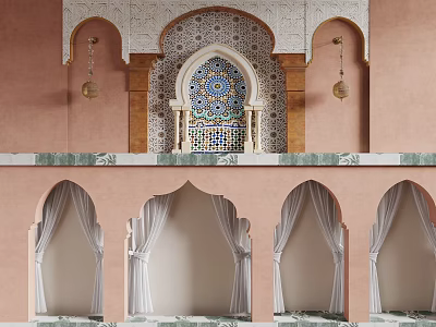 Arched Doorways In Warm Toned Interior With Curtains 3d model