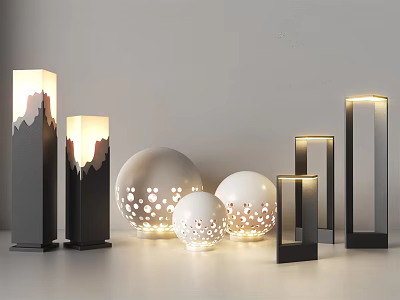 Illuminated Modern Outdoor Lights With Cylindrical Spherical And Square Shapes For Garden Decor 3d model