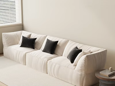 White Three Seater Sofa with Black Cushions in Minimalist Living Room Near Window with Blinds 3d model