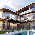 Semi Detached Villa Modern Exterior Design With Stone Metal Facade Trees Garage And Cars