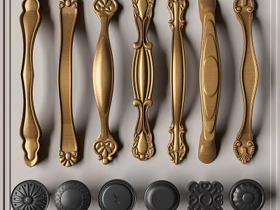 Various Golden Brass Furniture Handles And Knobs With Decorative And Simple Designs 3d model