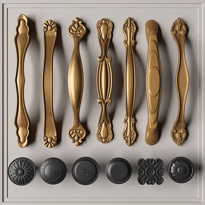 Various Golden Brass Furniture Handles And Knobs With Decorative And Simple Designs 3d model