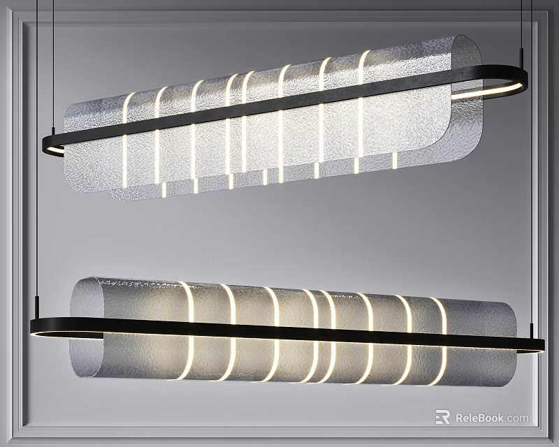 Modern Long Strip Pendant Lights With Black Frame And Frosted Glass Illuminated Design 3d model 