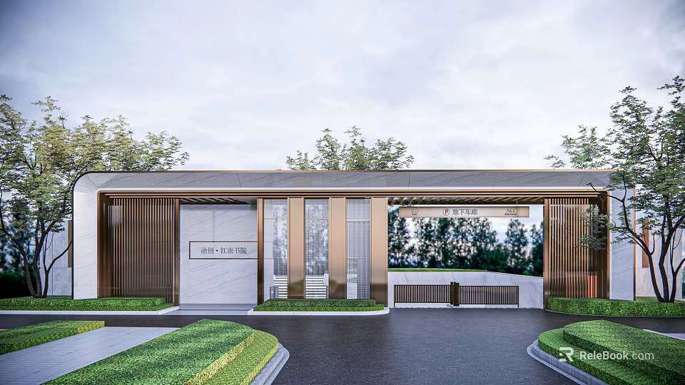 Modern Entrance Gate Design With Metal Frame Glass Panels And Landscaped Gardens 3d model 