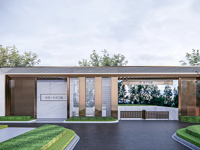 Modern Entrance Gate Design With Metal Frame Glass Panels And Landscaped Gardens 3d model