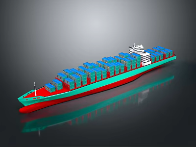 Large Container Ship On Water With Blue Containers And Green Red Hull 3d model