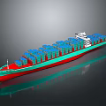Large Container Ship On Water With Blue Containers And Green Red Hull