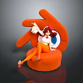 Brown Haired Girl With White Wings Sitting On Orange Creature Shaped Seat