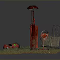 Abandoned Gas Station Scene With Red Gas Pumps Street Lamps Weeds And Broken Pipes