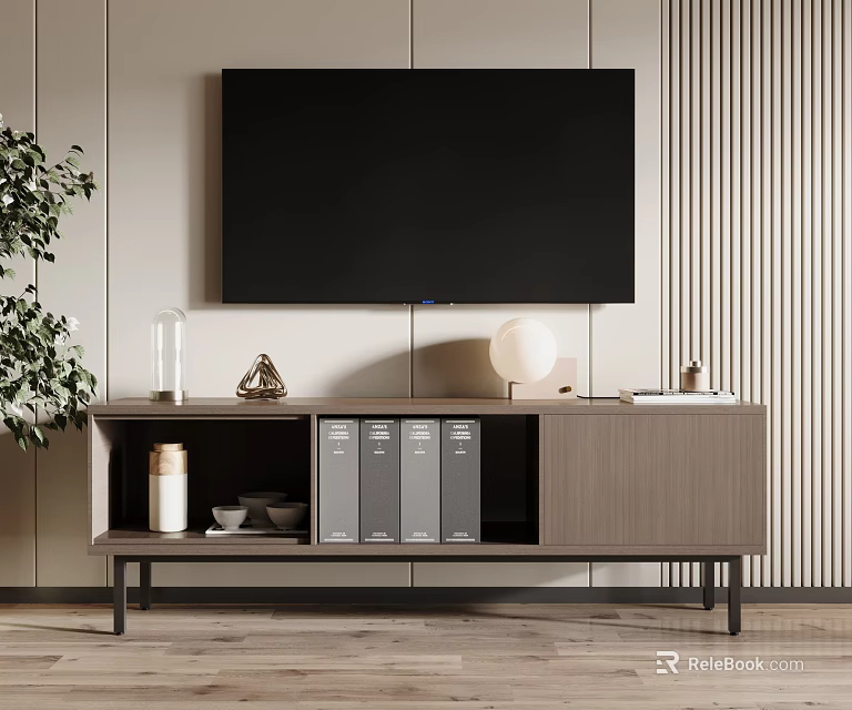 Modern Wooden TV Stand In Living Room With Large Screen TV Decorative Lamp And Plant 3d model 