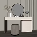 Modern Dressing Table Design With Round Mirror Vase Plants And Stool 3d model