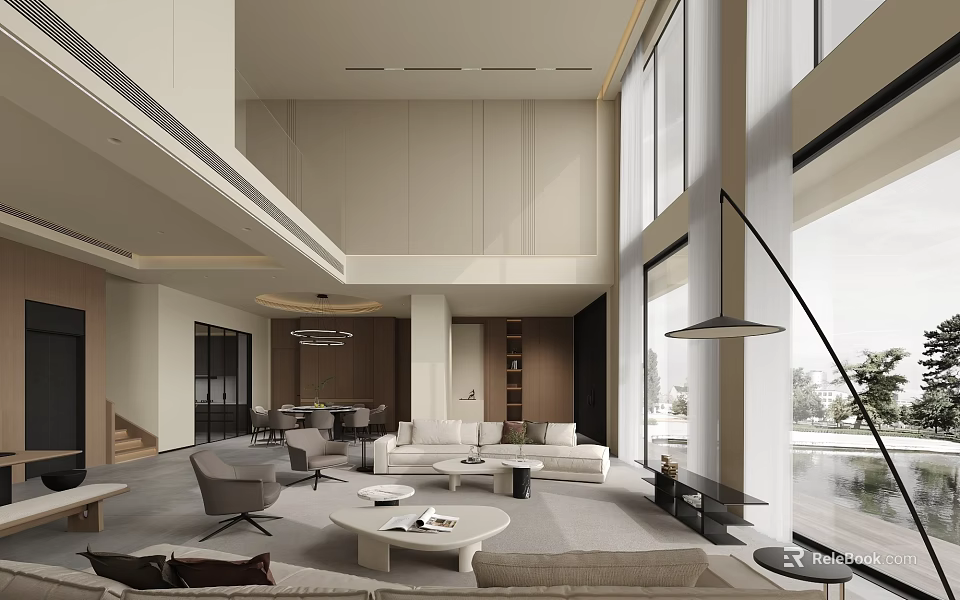 Modern Duplex Living Room With Spacious Layout And Large Windows 3d model 