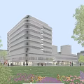 Modern Hotel Building With Curved Glass Facade Green Garden Pedestrians And Blue Sky Clouds