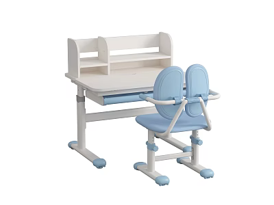 Children's Study Desk with White Bookshelf Blue Chair Rolling Wheels Simple Design 3d model