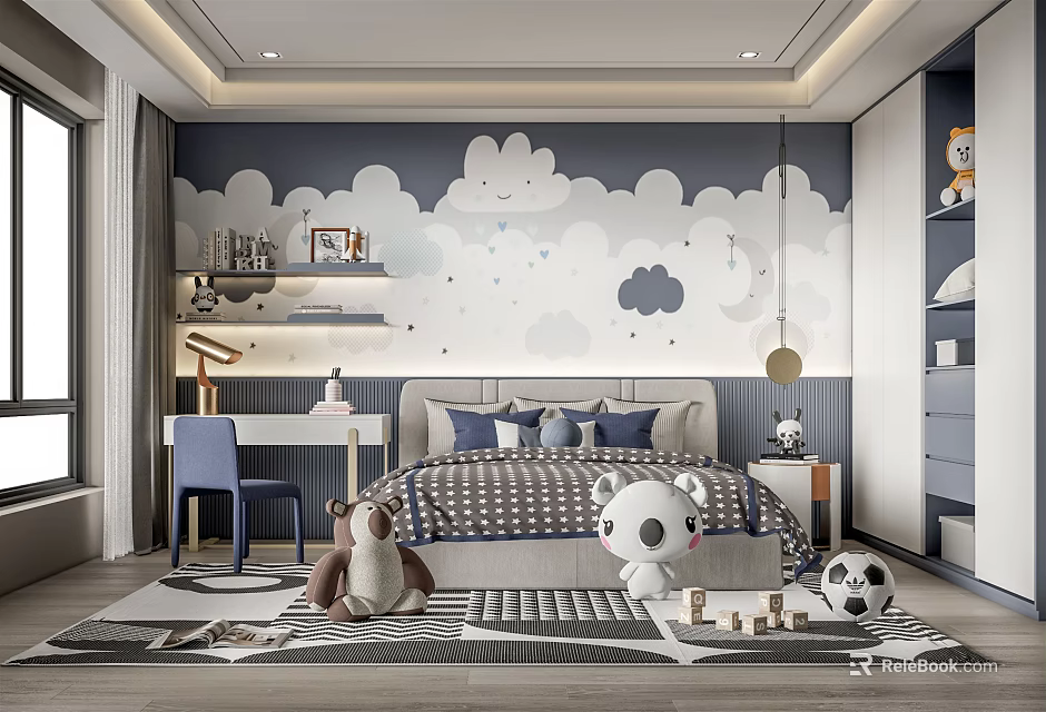 Playful Kids Bedroom Interior Design With Cloud Wallpaper Bed Stuffed Toys Desk And Soccer Ball 3d model 
