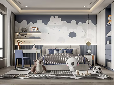 Playful Kids Bedroom Interior Design With Cloud Wallpaper Bed Stuffed Toys Desk And Soccer Ball 3d model