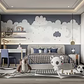 Playful Kids Bedroom Interior Design With Cloud Wallpaper Bed Stuffed Toys Desk And Soccer Ball