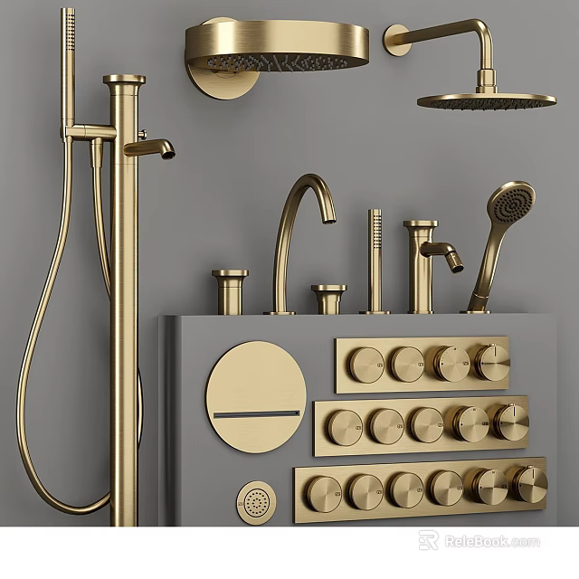 Golden Shower Head System With Handheld Sprayer Control Knobs And Gray Panel 3d model 