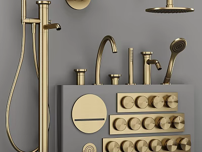 Golden Shower Head System With Handheld Sprayer Control Knobs And Gray Panel 3d model