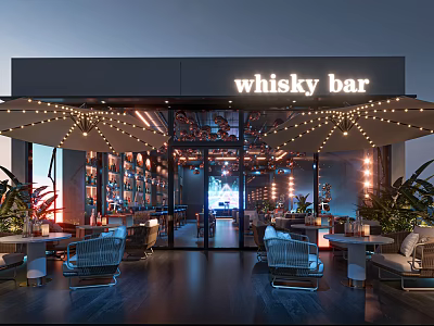 Whisky Bar Exterior With String Lights And Cozy Seating 3d model
