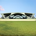 Modern Architectural Structure With Gray Roof And Extended Elements In Green Setting 3d model