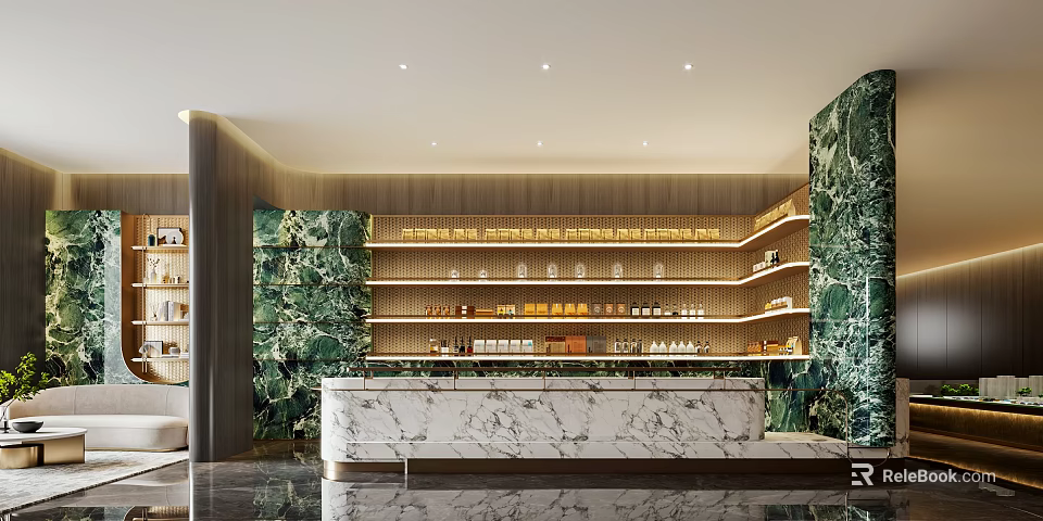 Luxury Sales Office Interior With Marble Counter Green Marble Wall And Display Shelves 3d model 
