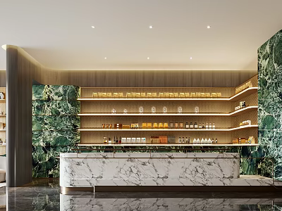 Luxury Sales Office Interior With Marble Counter Green Marble Wall And Display Shelves 3d model
