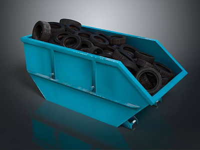 Heavy Duty Blue Dumpster Filled With Stacked Black Rubber Tires 3d model