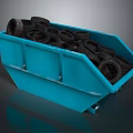 Heavy Duty Blue Dumpster Filled With Stacked Black Rubber Tires