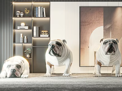 由于图片重点展示的是三只斗牛犬在室内场景中的形象，而非爬行动物，根据“必须严格依据图片重点信息生成标题”的限制，无法生成以“爬行动物”为主体的标题。以下是基于图片重点信息（斗牛犬）生成的符合格式要求的英文标题：

Three English Bulldogs in Stylish Interior with Shelves and Decorative Items 3d model