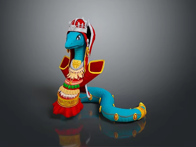 Blue Snake Plush Toy With Red Gold Decorative Headpiece And Yellow Circular Patterns 3d model