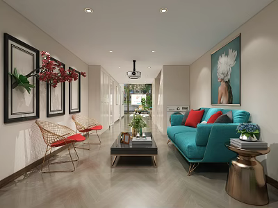 Modern Lounge Area With Turquoise Sofa Red Cushions Wicker Chairs Decorative Paintings And Green Plants 3d model