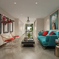 Modern Lounge Area With Turquoise Sofa Red Cushions Wicker Chairs Decorative Paintings And Green Plants