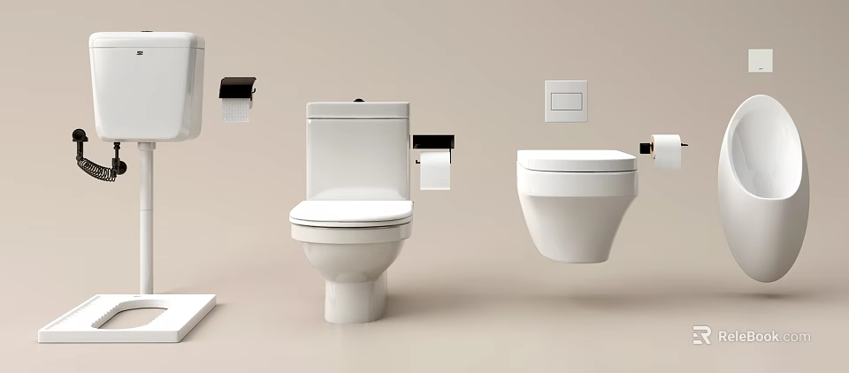 Modern Bathroom Design Featuring Floor Mounted And Wall Hung Toilets Toilet Paper Holder And Flush Button 3d model 