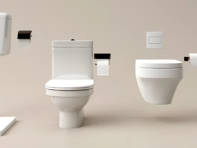 Modern Bathroom Design Featuring Floor Mounted And Wall Hung Toilets Toilet Paper Holder And Flush Button 3d model