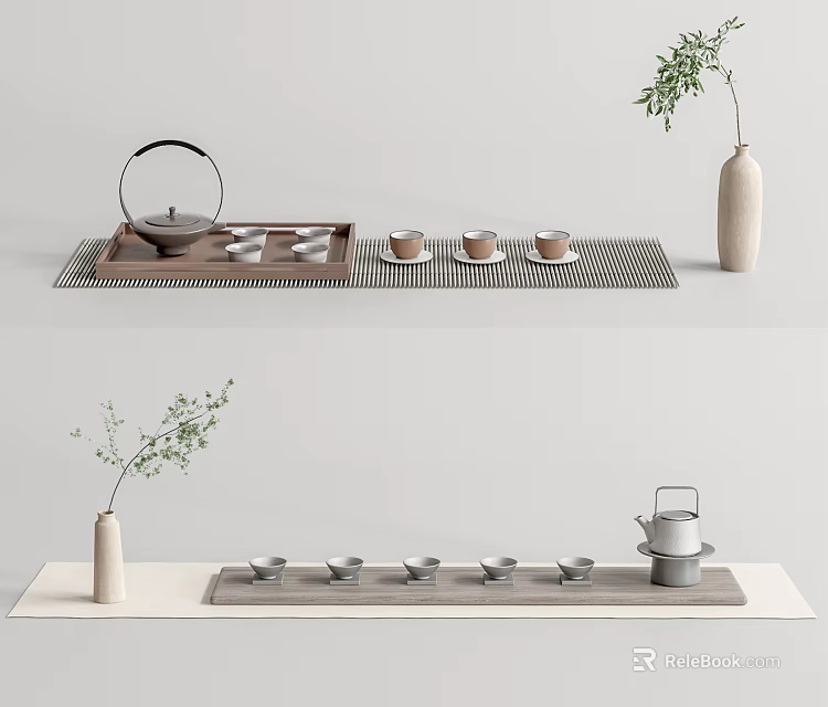 Elegant Minimalist Tea Set with Teapot Cups on Wooden Tray and Green Plant Vase 3d model 