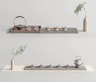 Elegant Minimalist Tea Set with Teapot Cups on Wooden Tray and Green Plant Vase 3d model