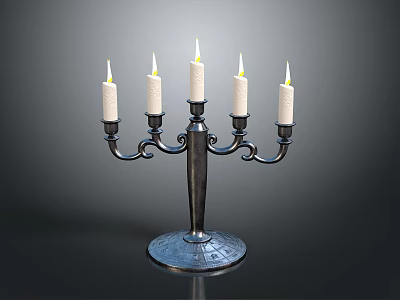 Ornate Five Candle Metal Candelabra With Decorative Base And Lit Wicks 3d model