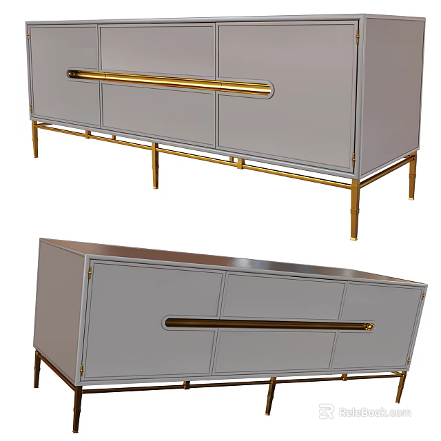 Modern Gray TV Stand With Gold Metal Handles And Sleek Leg Design 3d model 