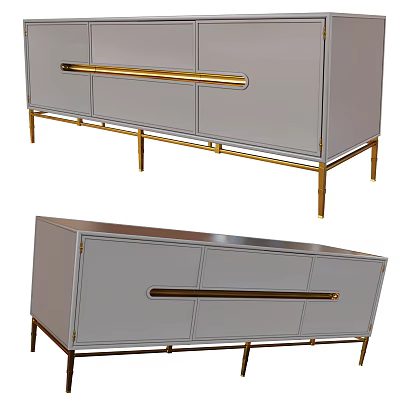 Modern Gray TV Stand With Gold Metal Handles And Sleek Leg Design 3d model