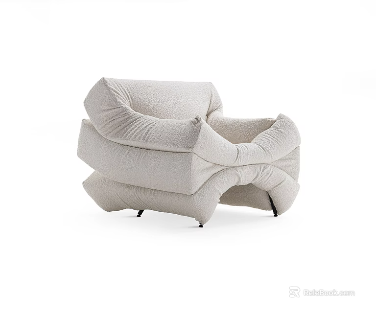 Cream Colored Modern Single Sofa With Pleated Design Upholstered Fabric And Black Metal Legs 3d model 