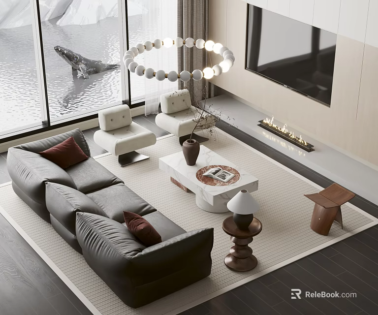 Modern Leather Sofa Coffee Table Set with Circular Beaded Chandelier and Large Window View 3d model