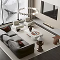 Modern Leather Sofa Coffee Table Set with Circular Beaded Chandelier and Large Window View 3d model